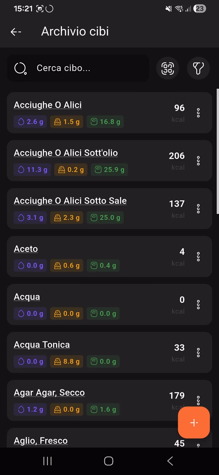 Searchable food database with per-100g values